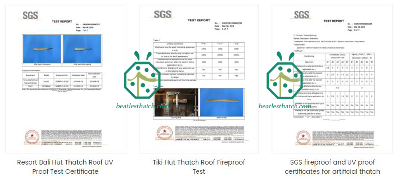 SGSによる人工ヤシの葉葺き屋根の耐火試験報告書